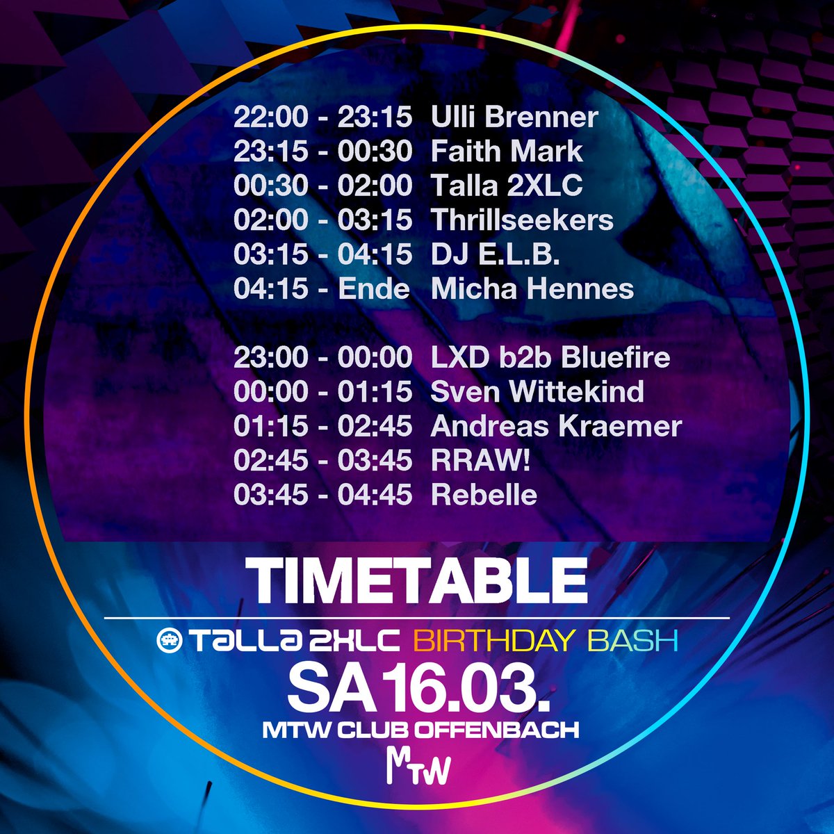 The time has come. See you tonight at @clubmtw • Abendkasse offen ab 22 uhr • 11 djs on 2 floors • mainfloor: trance & classix • floor 2: Peak time techno • #talla2xlc #thethrillseekers #andreaskraemer #svenwittekind #ullibrenner #faithmarkmusic and more.