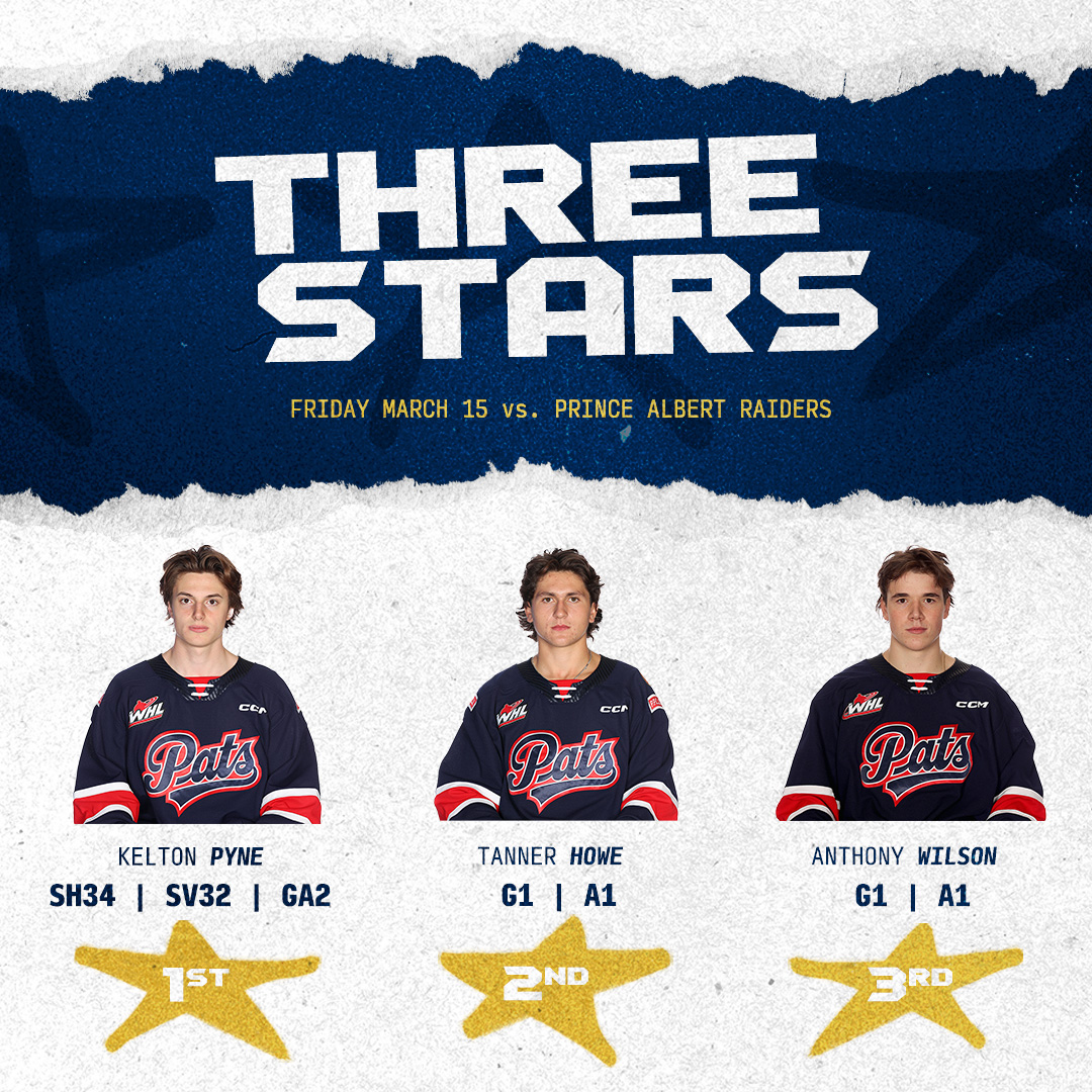 WHLPats's tweet photo. 🌟Shining stars of tonight's game!

🌟 KELTON PYNE
🌟🌟 TANNER HOWE
🌟🌟🌟 ANTHONY WILSON

#reginapatshockey #ignitetonight #whl #REGvsPA https://t.co/FOJSQGaTdr