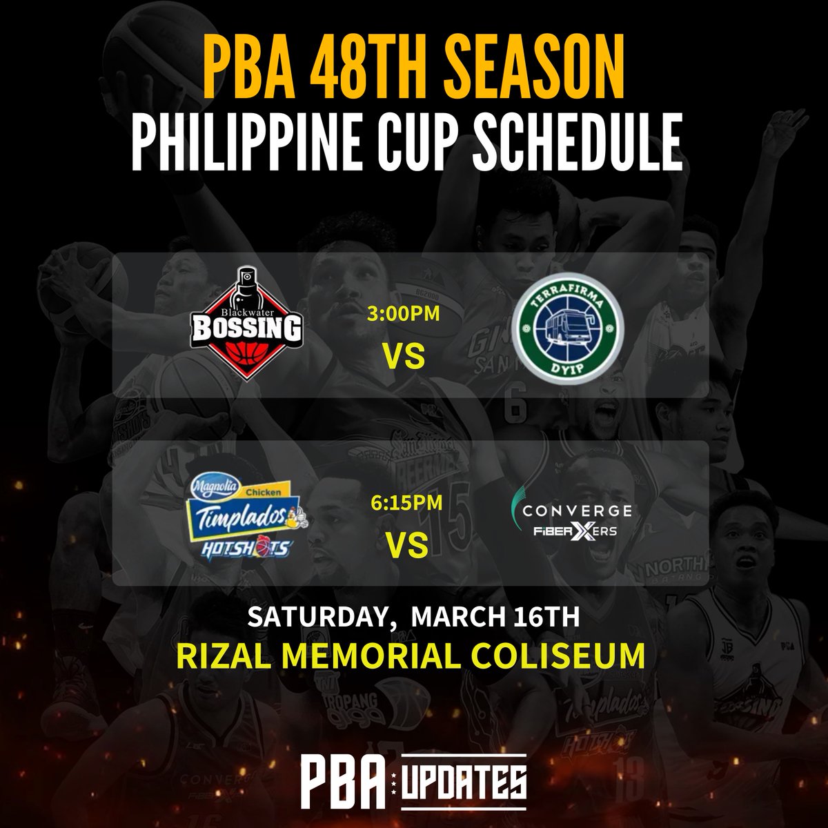 𝐏𝐁𝐀 𝐒𝐜𝐡𝐞𝐝𝐮𝐥𝐞 𝐓𝐨𝐝𝐚𝐲!

3:00PM Blackwater vs Terrafirma
6:15PM Magnolia vs Converge

Kampihan na: bit.ly/3Rv90ga

#PBAUpdates