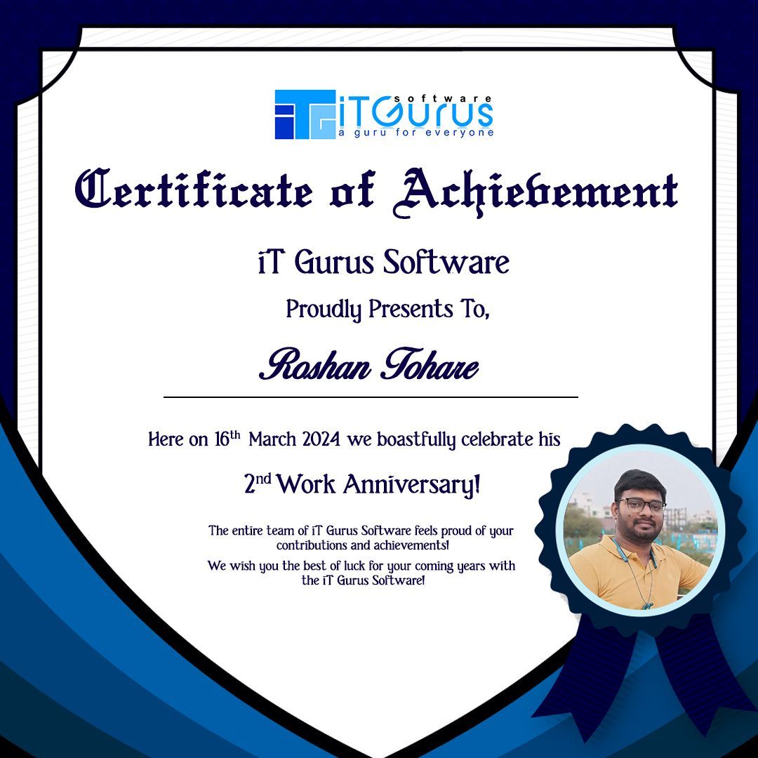 Congratulations on reaching another milestone in your career journey! May this work anniversary be a testament to your dedication, hard work, and perseverance. 
Happy Work Anniversary to @ Roshan Tohare from Team iT Gurus Software!

#career #TranscendentalITServices #GurusOfIT