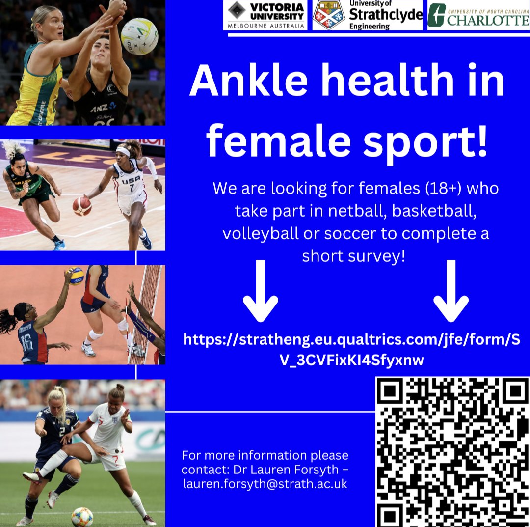 ANKLE HEALTH IN FEMALE SPORT We are recruiting female athletes (18+) participating in netball, basketball, volleyball or soccer to complete a survey. Link below: stratheng.eu.qualtrics.com/jfe/form/SV_3C… #ankle #anklesprain #chronicankleinstability #netball #basketball #volleyball #soccer