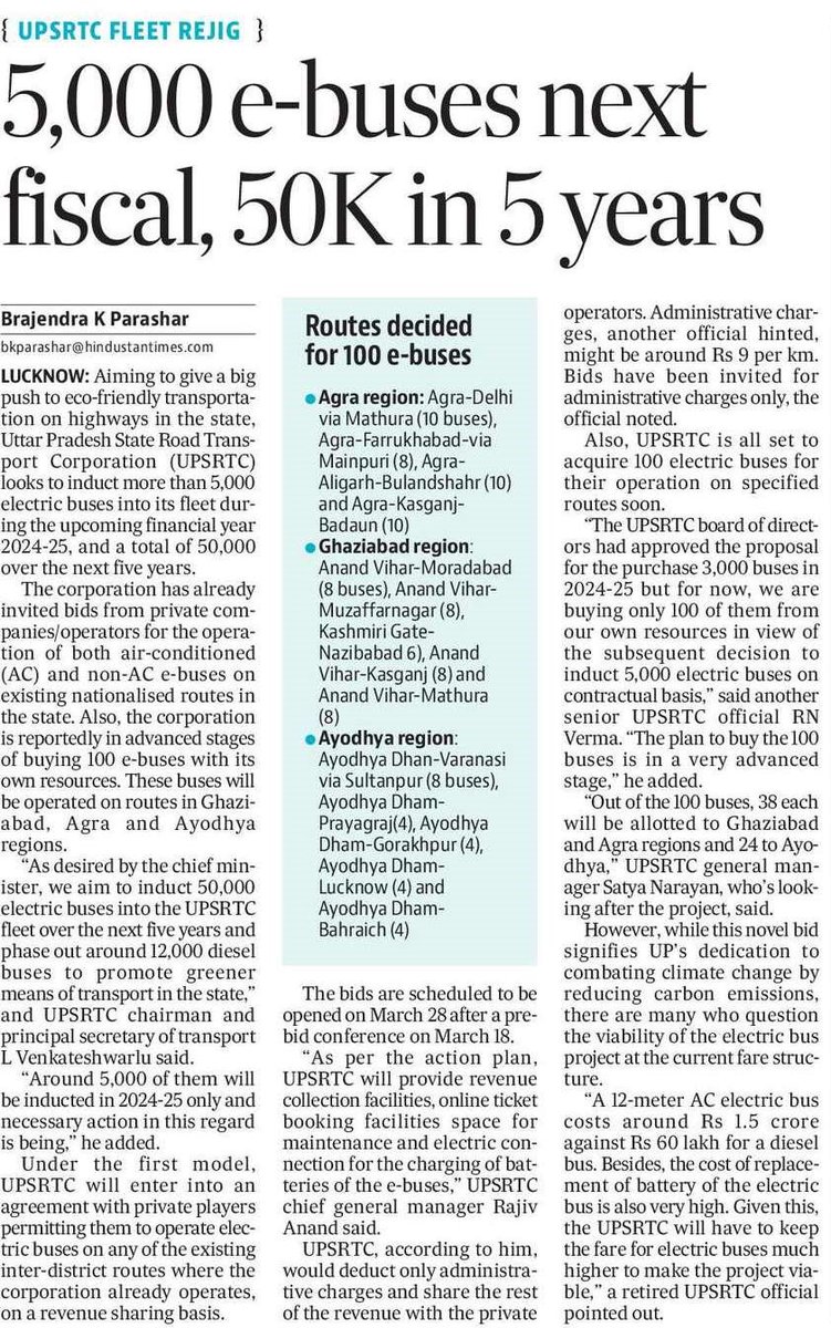 In a significant shift towards sustainability, Uttar Pradesh State Road Transport Corporation (UPSRTC) plans to introduce over 5,000 electric buses next year & a staggering 50,000 within the next five years under the guidance of #UPCM Shri @myogiadityanath ji. This initiative…