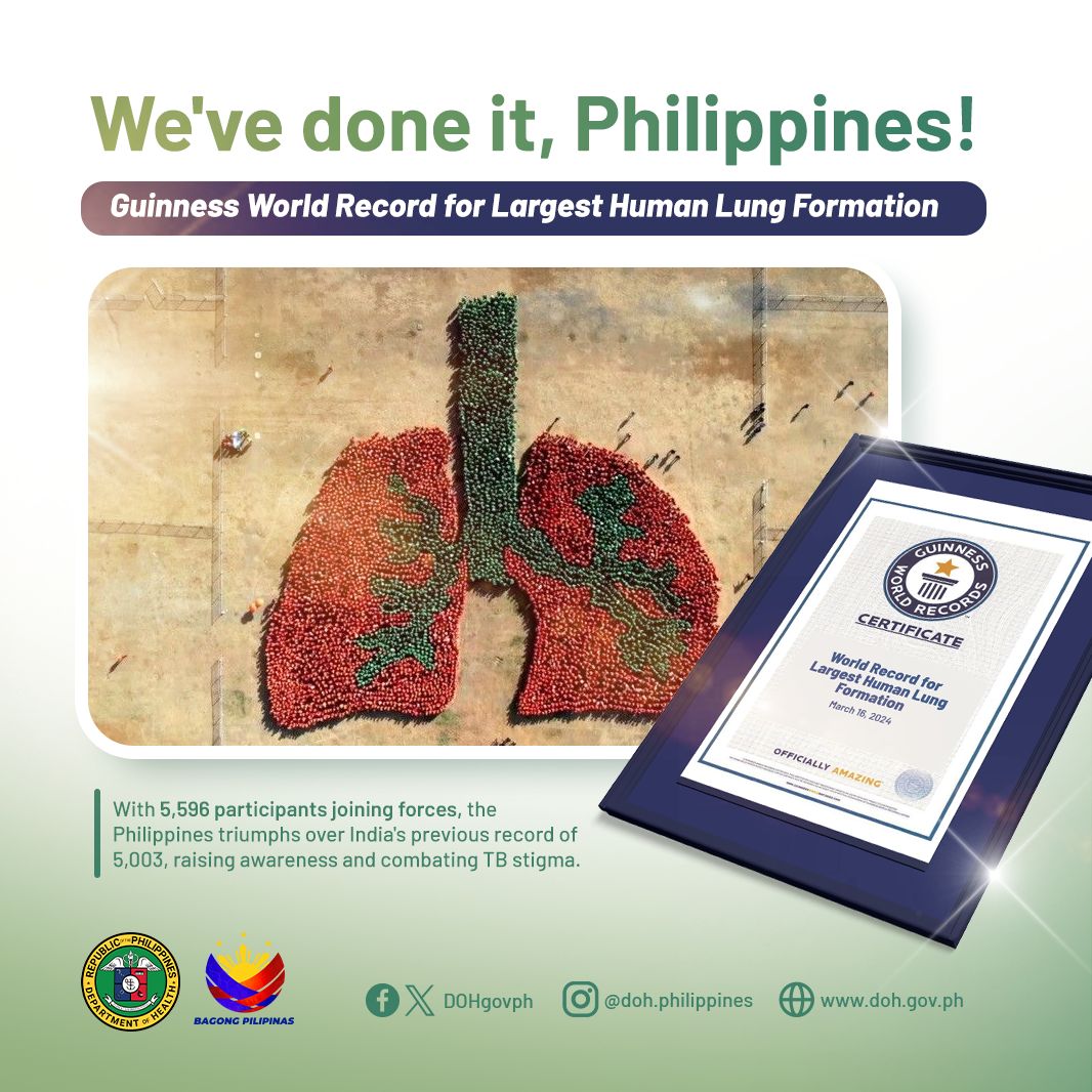 Philippines Sets Guinness World Record for Largest Human Lung Formation! 🎉🏅🇵🇭 Surpassing India's previous record of 5,003, over 5,596 participants gathered in Manila to raise awareness about TB.