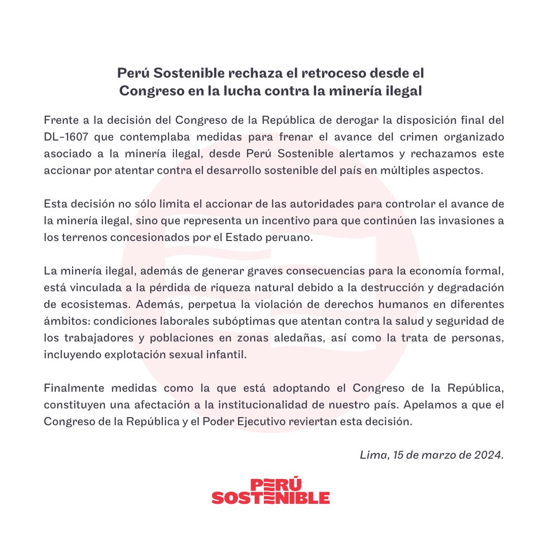 #COMUNICADO: rechazamos el retroceso desde el Congreso en la lucha contra la minería ilegal.
