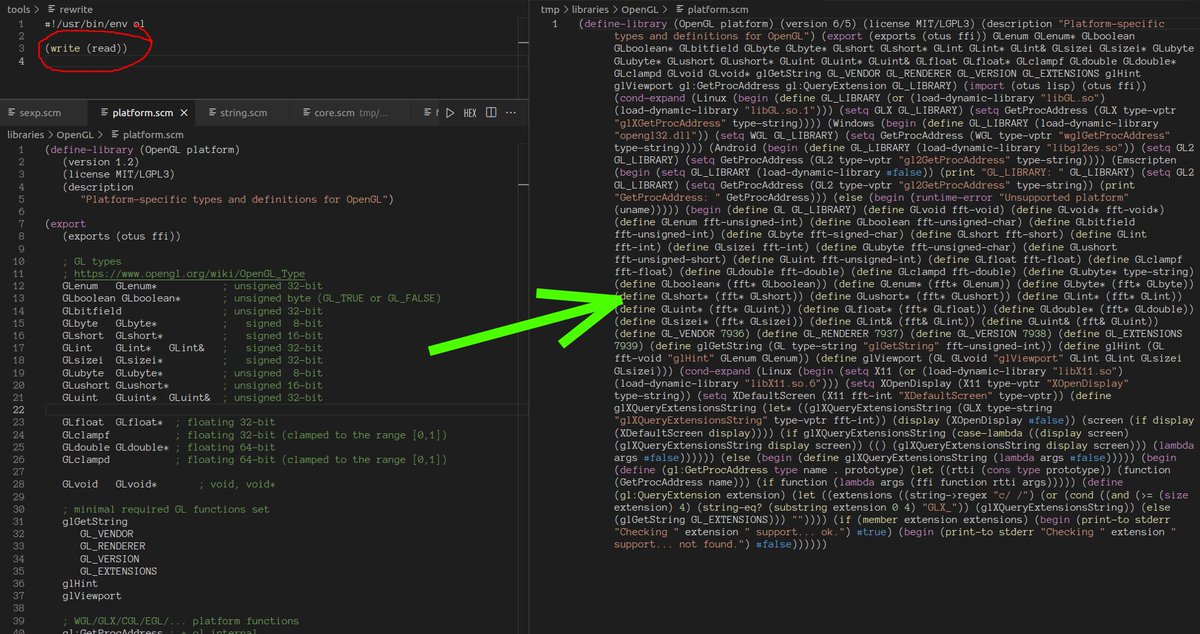 otus_lisp's tweet image. #Lisp #Scheme #r7rs
#Ol received an automatic one-liner!
Just do `(write (read))` on any Ol library and you'll clear the source code of comments and unnecessary whitespaces.
Yeah, really. Just read it and then just write!
That's it for speeding up reading! And for "portable" Ol!