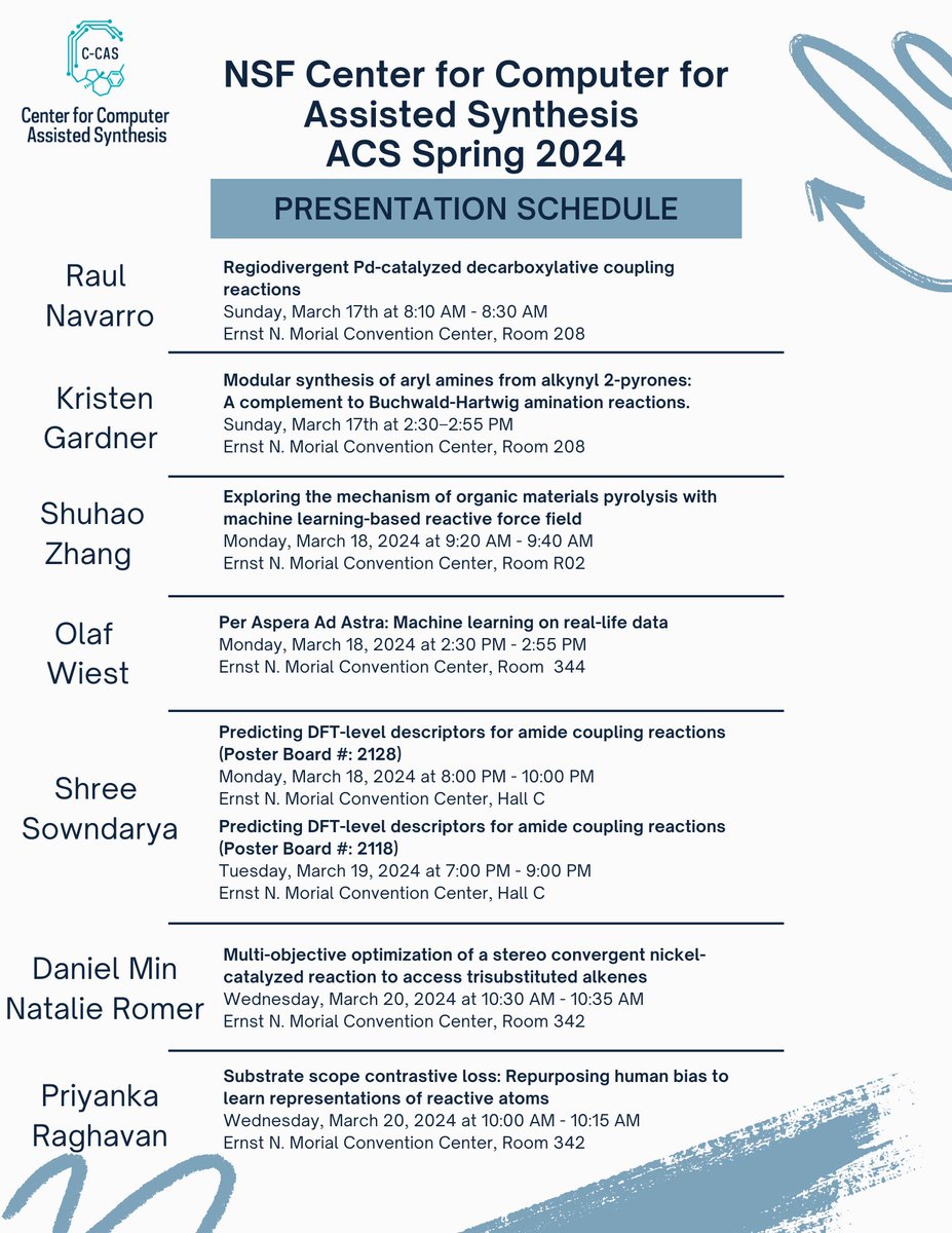 NSF_CCAS's tweet photo. Excited to share the presentation schedule for the NSF Center for Computer-Assisted Synthesis at #ACSSpring2024, 🌟 Which presentations are you planning to attend? Join us in exploring the latest advancements in chemistry and technology! #NSF #Chemistry #ACS #Compchem #ACSSpring https://t.co/2IN3Ug4XQH