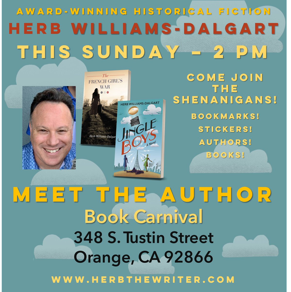 THIS SUNDAY!  2 pm. The thing. You know what to do. 
 #gratefulauthor #historicalfiction #MeetTheAuthor

 herbthewriter.com