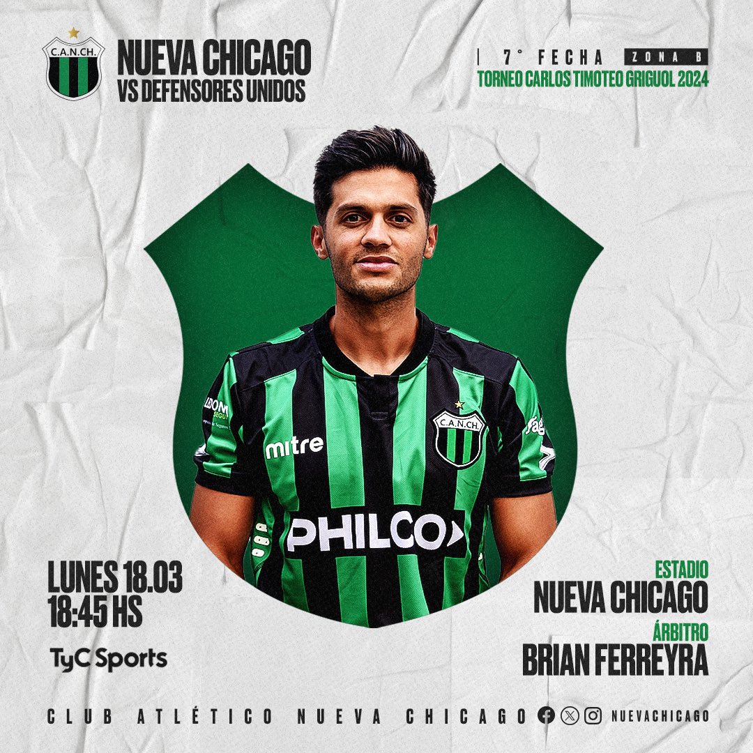 NuevaChicago's tweet photo. NUEVA CHICAGO - Club Atlético Defensores Unidos 

🏆 Torneo 𝘾𝙖𝙧𝙡𝙤𝙨 𝙏𝙞𝙢𝙤𝙩𝙚𝙤 𝙂𝙧𝙞𝙜𝙪𝙤𝙡 2024

⚽ Fecha 07
🗓 Lunes 18/03
🕞 18:45hs
🏟 Nueva Chicago 
⚖ Brian Ferreyra
📺 TyC Sports https://t.co/2oB9GOJuTa