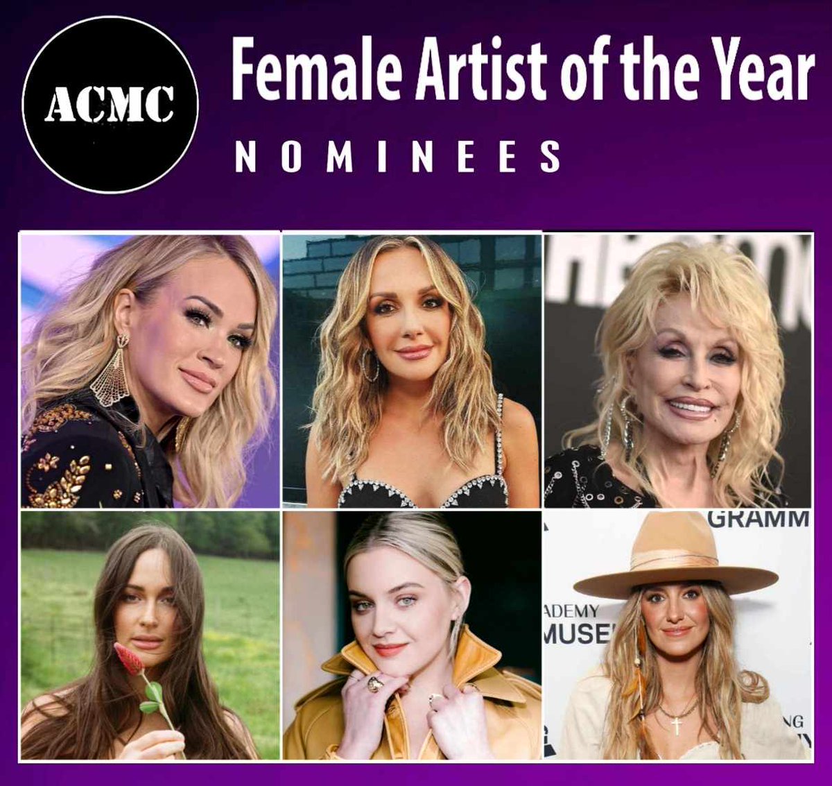 It's time to announce our ACMC Award nominees! Voting begins April 1st. Here are your nominees for Female Artist of the Year. Comment below who you'll be voting for. @carrieunderwood, @carlypearce, @DollyParton, @KaceyMusgraves, @KelseaBallerini & @laineywilson.