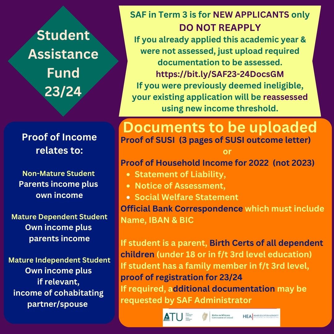GOOD NEWS on Bank Holiday Monday. SAF has reopened today (until 10/04) & with a higher income threshold - students with a household income for 2022 of €65,000 could now be eligible for funding. Application link on #StudentHub.