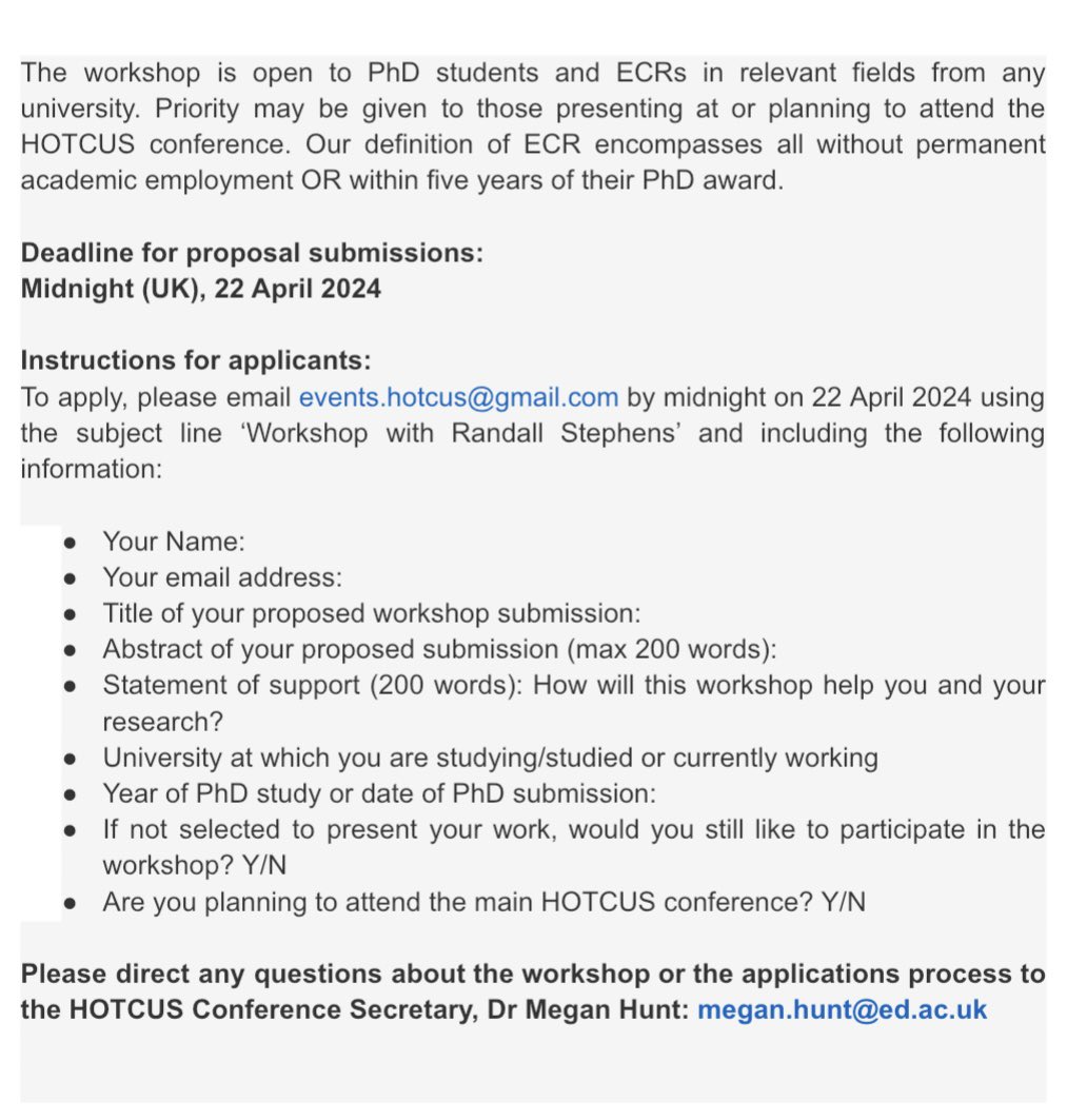 HOTCUS is happy to announce our CfP for our PG and ECR Workshop with Prof. Randall J. Stephens on Wednesday 19 June 2024 at the University of Southampton. This is a unique opportunity to receive feedback on written work! Details on how to apply are below⬇️ Deadline: 22 April.