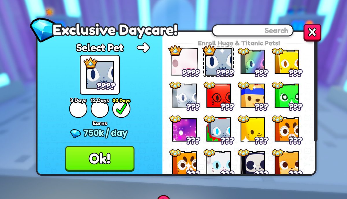 Exclusive Daycare ✨

Enroll Huge+Titanic pets for diamonds! 💎💎

COMING TMRW!