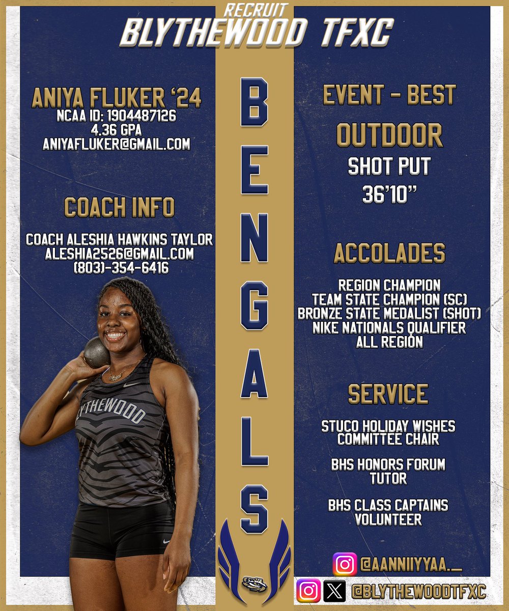 🚨 Aniya Fluker’s Recruitment is OPEN‼️ College Coaches, don’t miss out on one of the top throwers in the state!! #RecruitBlythewoodTFXC #BlythewoodTFXC #BengalNation #Track #TrackLife #TrackAndField