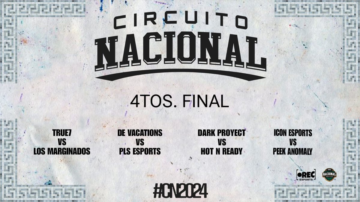 RecaEsports's tweet photo. Y así quedan los cuarto de final en el #CN2024
#TRUE7 vs #LosMarginados
#DeVacationes vs @PLSesportsMX
#DarkProyect vs #Hotnready
@IconEsportsMX vs #PeekAnomaly
🔥🔥🔥QUE GANE EL MEJOR 7u7 🔥🔥🔥🔥 https://t.co/5fSqb6aaqD