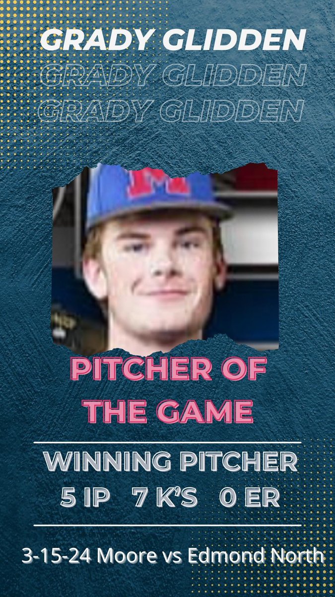 'Glidden' Glides through Edmond North with a complete game shutout in a run rule effort by your Moore Lions. Grady picks up his 1st Win and does so with 7 K's, 0 ER and only allowed 2 hits.