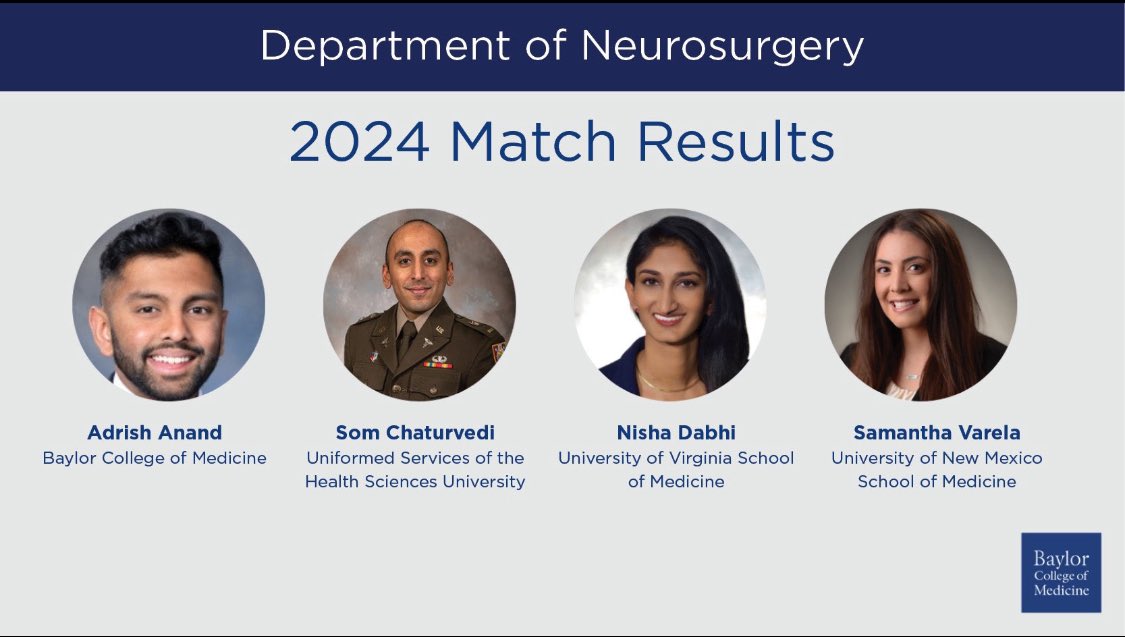 Incredibly proud of our three @uvamedicine students, Nisha Dabhi (Baylor), Anthony Nwankwo (UConn), and Kristina Kurker (UIC) who are starting their #neurosurgery journeys! Expecting great things from this trio in the future! #Match2024