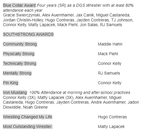 DGS_Wrestling's tweet image. SO much to celebrate last night at the 2023-2024 DGS Wrestling Awards Night!  It was a great season for the boys &amp;amp; girls programs and we are grateful for all of their efforts on&amp;amp; off the mat.  Shout out to the families, admin, &amp;amp; coaches who made this season happen! #SOUTHSTRONG