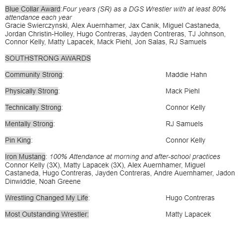SO much to celebrate last night at the 2023-2024 DGS Wrestling Awards Night! It was a great season for the boys & girls programs and we are grateful for all of their efforts on& off the mat. Shout out to the families, admin, & coaches who made this season happen! #SOUTHSTRONG