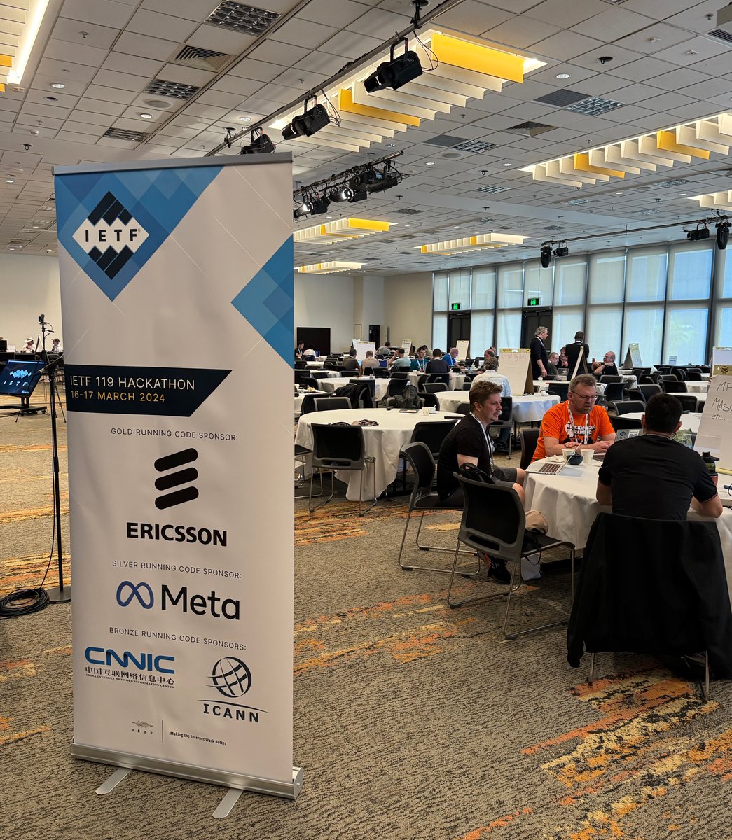 The #IETFHackathon at #IETF119 Brisbane is starting! Participants collaborate and develop utilities, ideas, sample code & solutions that show practical implementations of IETF standards. Thanks #RunningCode sponsors @ericsson, @Meta, CNNIC & @ICANN More: ietf.org/runningcode/