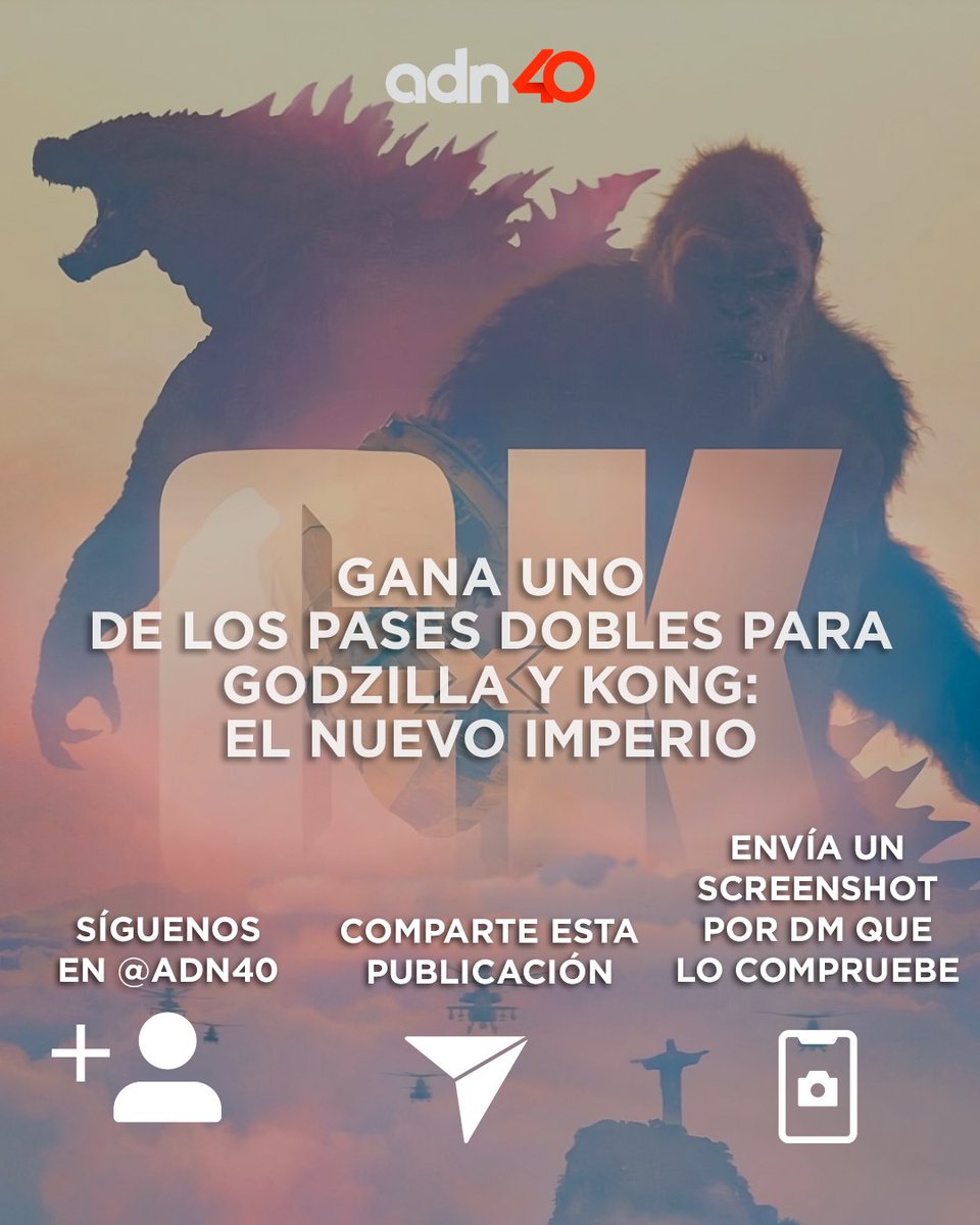 adnnoticiasmx's tweet photo. 🎬 ¿Quieres ir al cine gratis?👀 En adn40 te regalamos pases dobles para 'Godzilla y Kong: el nuevo imperio' 🦖🦍

Solo sigue las indicaciones👇 https://t.co/SDvBV084LI