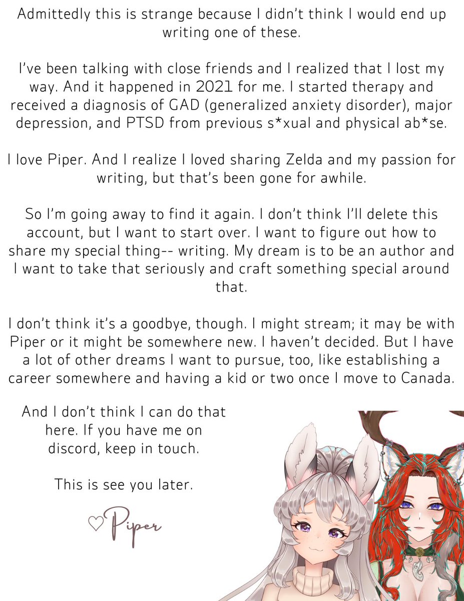 witchf0x's tweet photo. hi everyone 🌱

i am not graduating, but i am not staying either. i love piper for what she use to be but she hasn't been that way for me for a long time.  i want to do something new. connect with something new, maybe flesh out a new character with real lore. i don't know.

ily💚 https://t.co/QiP6xG9elx