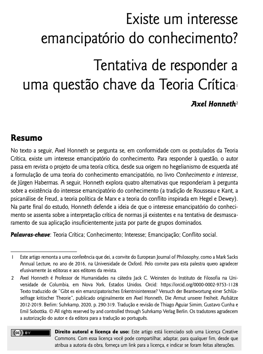 Saiu na Política &amp; Sociedade a tradução que eu, Gustavo Cunha e Emil Sobottka fizemos do texto "Existe um interesse emancipatório do conhecimento?", de Honneth. O número da revista ainda conta com um artigo nosso de apresentação do texto. Confira no link: periodicos.ufsc.br/index.php/poli…