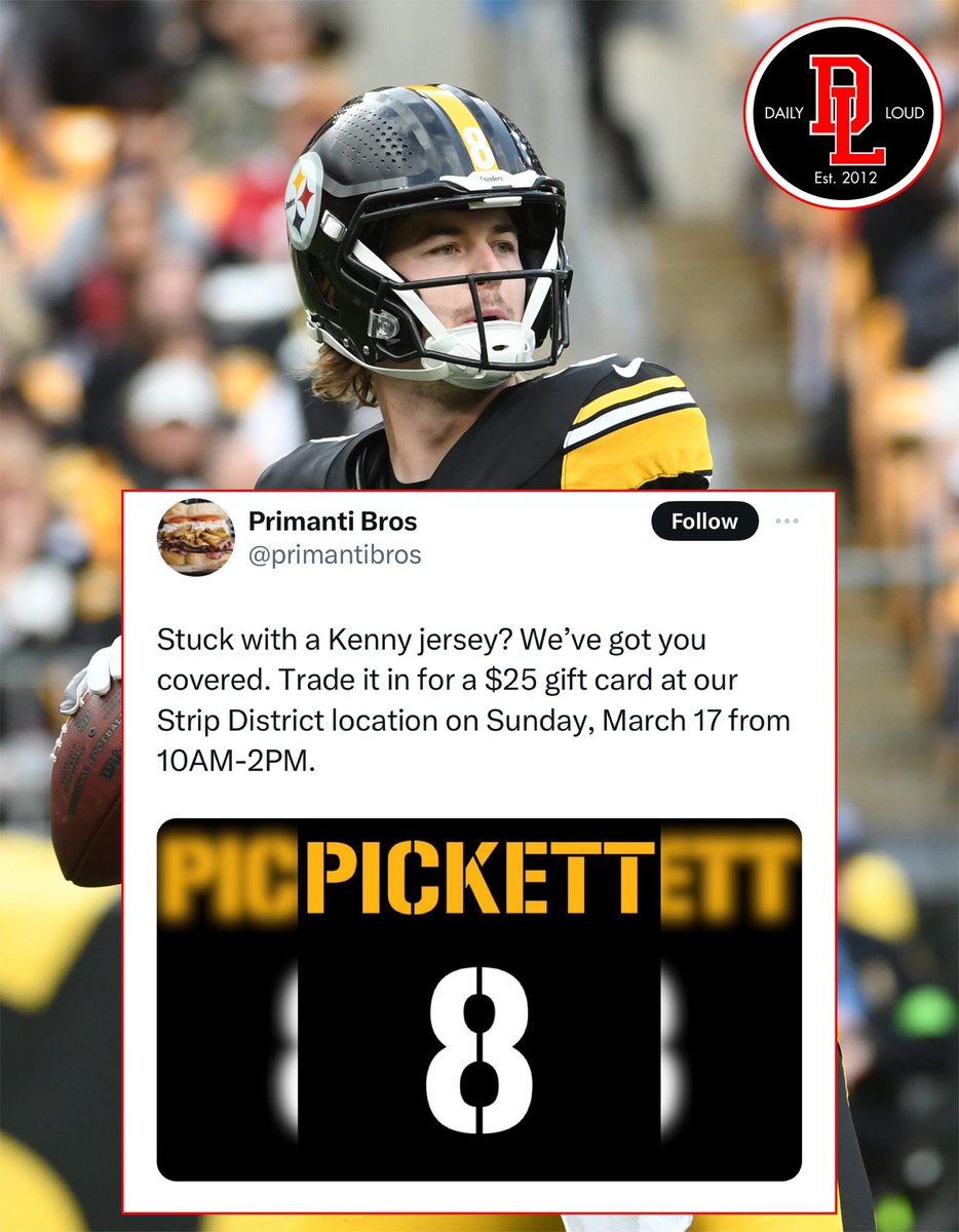 Pittsburgh restaurant Primanti Brothers is offering a $25 gift card for your Kenny Pickett jersey.

“Stuck with a Kenny jersey? We’ve got you covered”