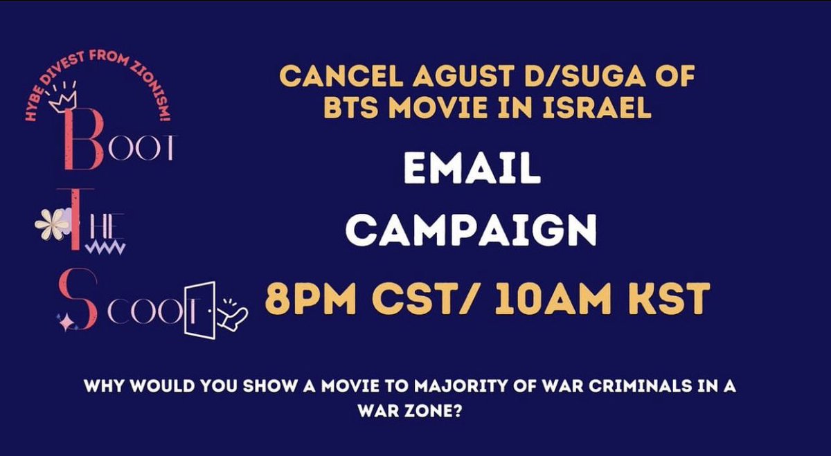 OUR EMAIL CAMPAIGN STARTS NOW ‼️ Please reply/qrt with your screenshot evidence (na is locked rn so im doing it for her) #HybeDivestFromZionsm #CancelDDayInIsrael