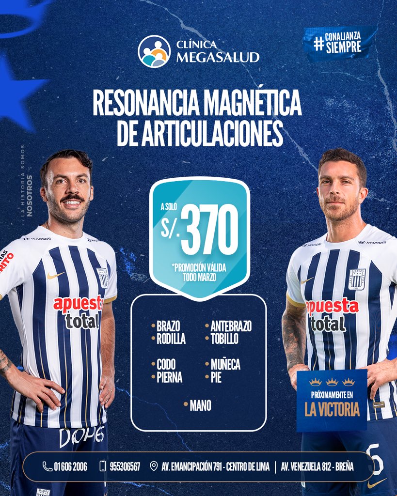 ClubALoficial's tweet photo. Para todos los aliancistas de corazón, la clínica Megasalud les trae muchos beneficios, si cuentas con afiliación a una compañía de seguros puedes atenderte desde S/15 en cualquier especialidad. 🤩

Invitamos a todos a realizarse sus estudios de resonancia magnética de articulaciones en nuestro moderno resonador para prevenir o tratar alguna enfermedad de forma oportuna. 👇🏾

¡Tu salud nos importa, vive la experiencia Megasalud!👨🏽‍⚕️👩🏽‍⚕️

💬 955 306 567
📞 01 606 2006
💻 https://t.co/i6lZko0ziK

🔹 Visítanos en:
📍 Av. Emancipación 791 – Centro de Lima
📍 Av. Venezuela 812 – Breña

#ClínicaMegaSalud 
#ConAlianzaSiempre