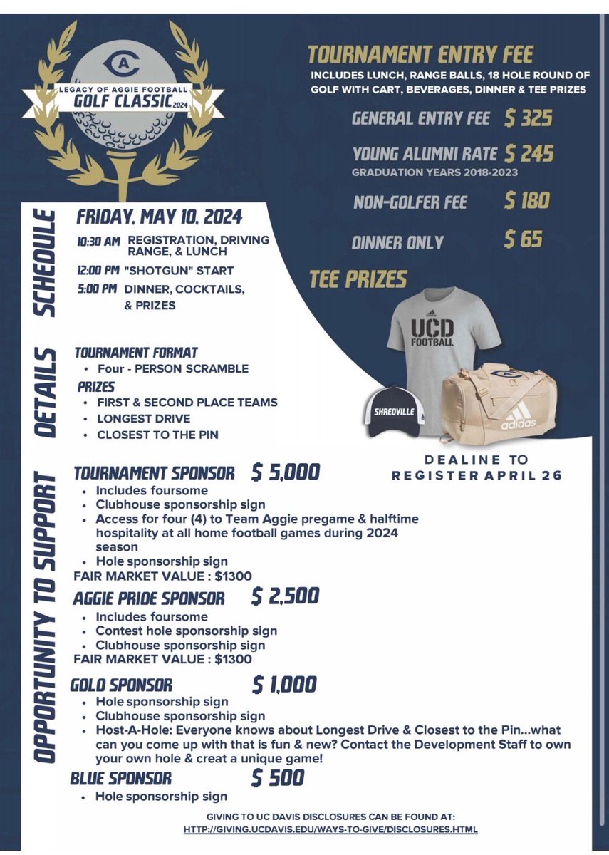 Join us May 10th and play some golf at the Annual Aggie Classic! Link below to sign up! ucdavisaggies.evenue.net/cgi-bin/ncomme…