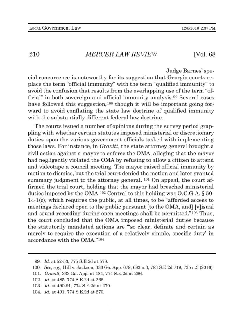 NydiaTisdale's tweet image. In light of #SunshineWeek, read Ken E. Jarrard's article in Mercer Law Review on #SovereignImmunity being denied when City of Cumming Mayor H. Ford Gravitt violated the #OpenMeetings Act on April 17, 2012. 

mercerlawreview.scholasticahq.com/article/1322-l… 

Watch the #nydeo here: youtube.com/watch?v=vaulDw…