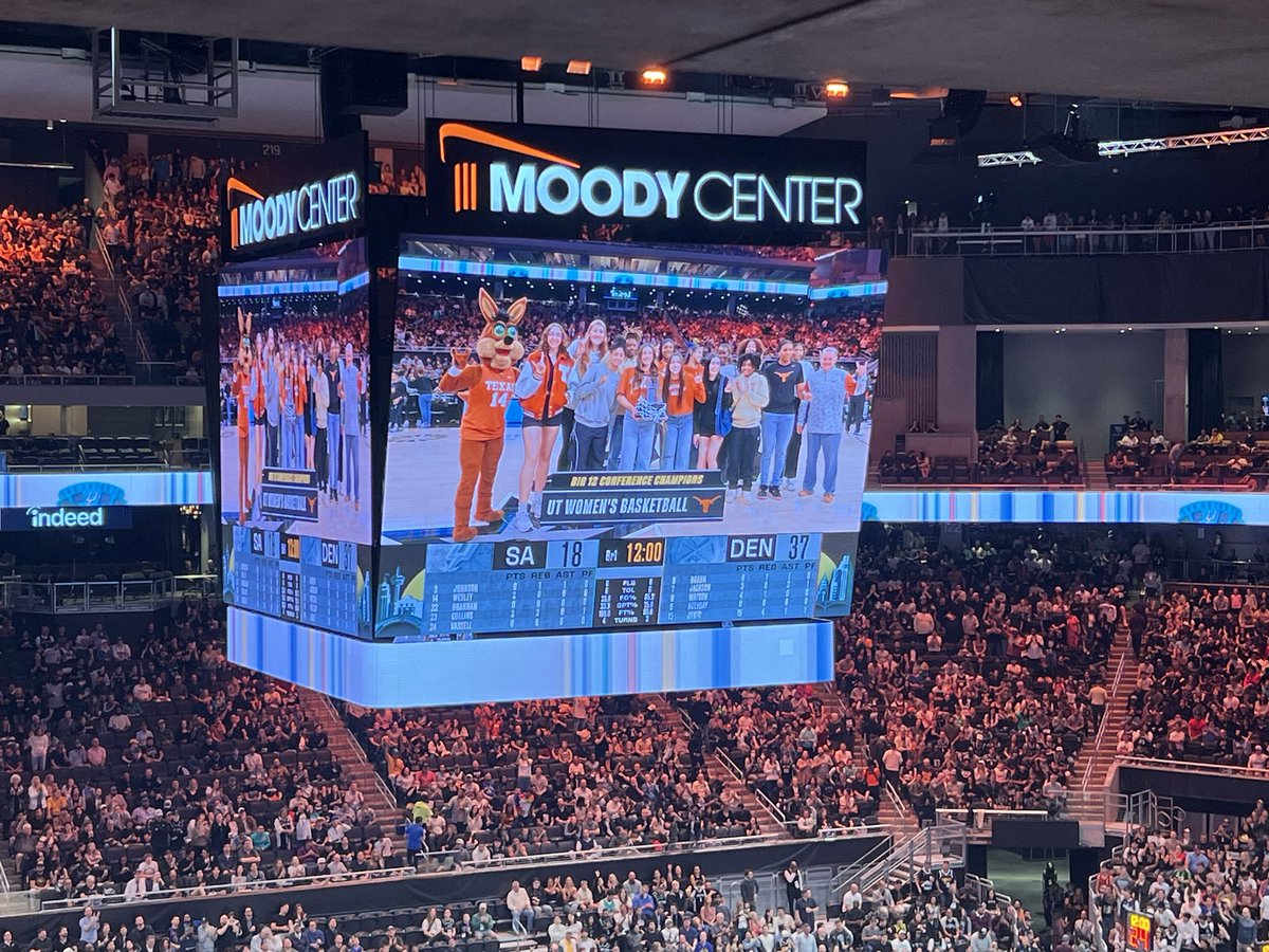 Texas WBB Big 12 tournament champions getting grace and love from SA Spurs during tilt vs Denver Nuggets at Moody Center!🧡🏀💪🏽🤘🏽