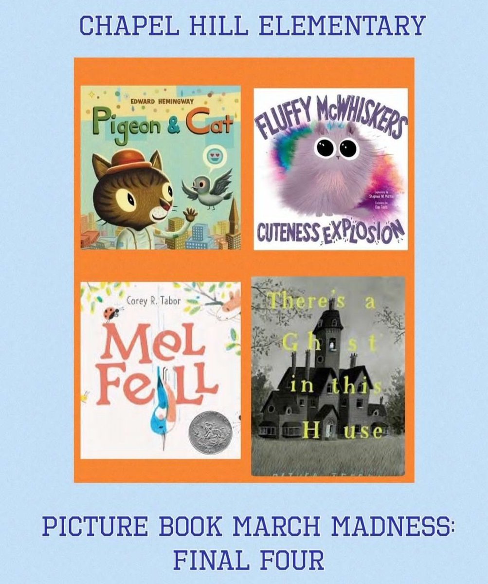 It has been a tough competition! We've gone from 16 books to 4! Here are your Final 4 in our Tournament of Books Competition! The final winner will be revealed at next week's Masked Reader Assembly! #CHEMarchMadness #EdwardHemingway @OliverJeffers #coreyrtabor #stephenwmartin
