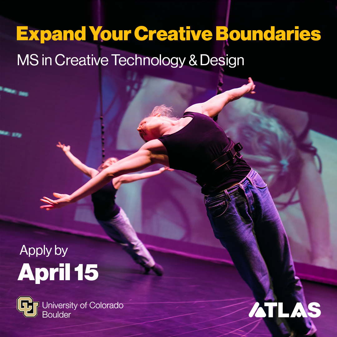 Earn a Master’s of Science to deepen your arts practice and elevate your technical skills. Apply for Fall 2024! Info session 3/20 colorado.edu/atlas/ms-creat…

#CreativeTechnology #ArtScience #CreativeEngineering #Interdisciplinary #mastersdegree <a href="/cuatlas/">ATLAS Institute 🦬</a> <a href="/CUBoulder/">CU Boulder 🦬</a>