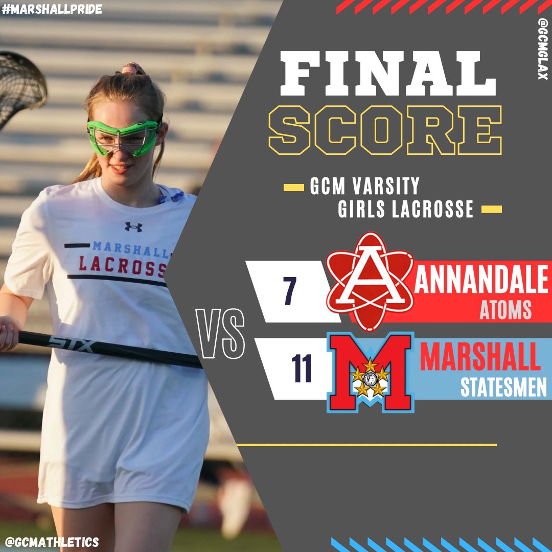 GCM Varsity Girls Lacrosse snatched their first dub of the young season by beating Atoms of Annandale 11-7 on the road.  Lady Statesmen were led by Chloe Kim w/astonishing SIX goals &amp; 4 draw control wins in the victory‼️Congratulations ladies!!

🥍🥍🥍
<a href="/LaxGCM/">Marshall Glax</a> 
#marshallpride