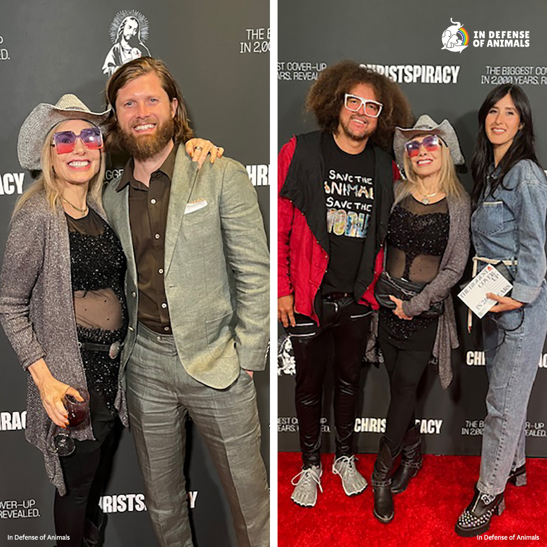 IDAUSA's tweet photo. In Defense of Animals President Dr. Marilyn Kroplick celebrates the successful #LosAngeles #Christspiracy premiere with filmmaker Kameron Waters and American Rapper and LMFAO Singer #Redfoo! Get your movie tickets today: https://t.co/hCCwkYCVzz https://t.co/nGRiZK4SoI