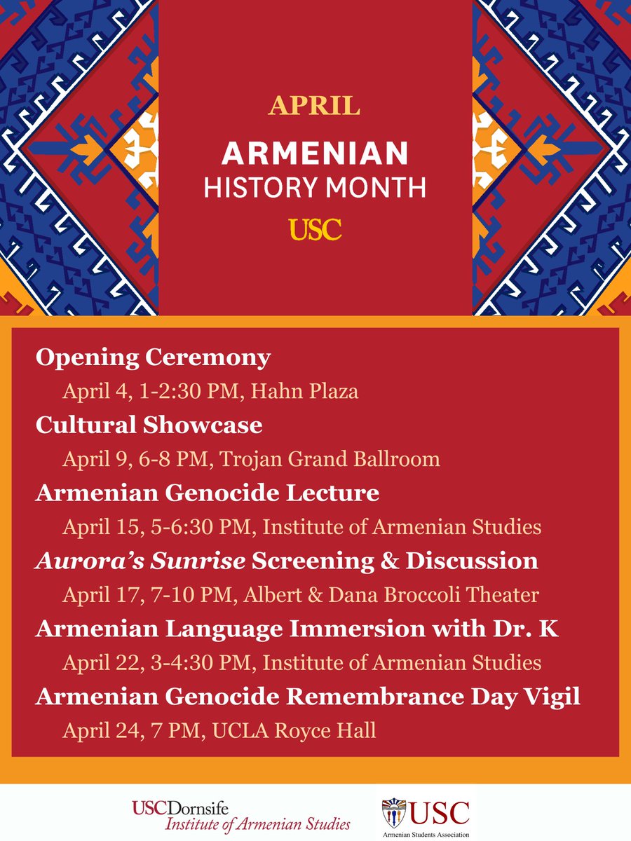 maneberikyan's tweet photo. For the LA community: @USC is marking inaugural Armenian History Month this April, with a full month of programming by @USCASA and @ArmenianStudies. Please come out and support! https://t.co/Aeu3ZESXQ8