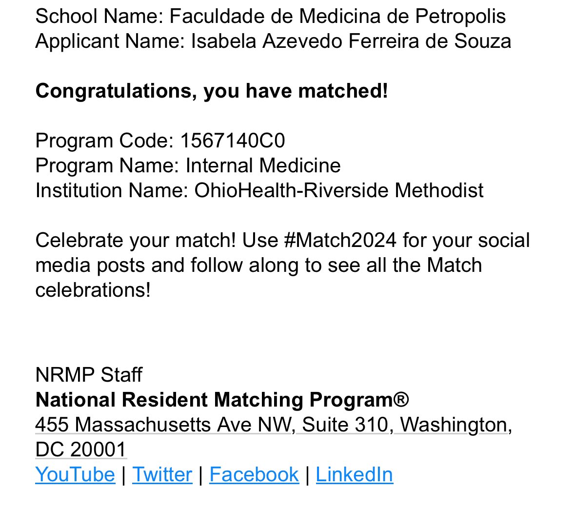 Isabela de Souza (@azevedosouzamd) on Twitter photo Grateful for matching at <a href="/IMRiversideOH/">Riverside IM Residency (OhioHealth)</a> ! Excited about this new journey 🥹
#Match2024 Grateful for matching at <a href="/IMRiversideOH/">Riverside IM Residency (OhioHealth)</a> ! Excited about this new journey 🥹
#Match2024