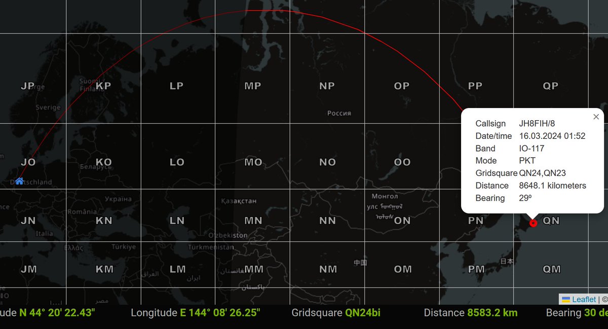 Just worked @Jh8Fih /8 in Japan 🇯🇵 (Gridline: QN24,QN23 / distance: 8648.1 km) on IO-117 🛰️ using PKT. Tnx new grid Shige san #hamr #wavelog #amsat