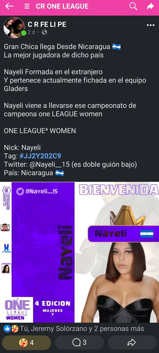 Gran Chica llega Desde Nicaragua 🇳🇮
La mejor jugadora de dicho país 

Nayeli Formada en el extranjero 
Y pertenece actualmente fichada en el equipo Gladers 

ONE LEAGUE⁴ WOMEN 

Nick: Nayeli
Tag: #JJ2Y202C9
Twitter: <a href="/Nayeli__15/">Nayeli</a> 
País: Nicaragua 🇳🇮