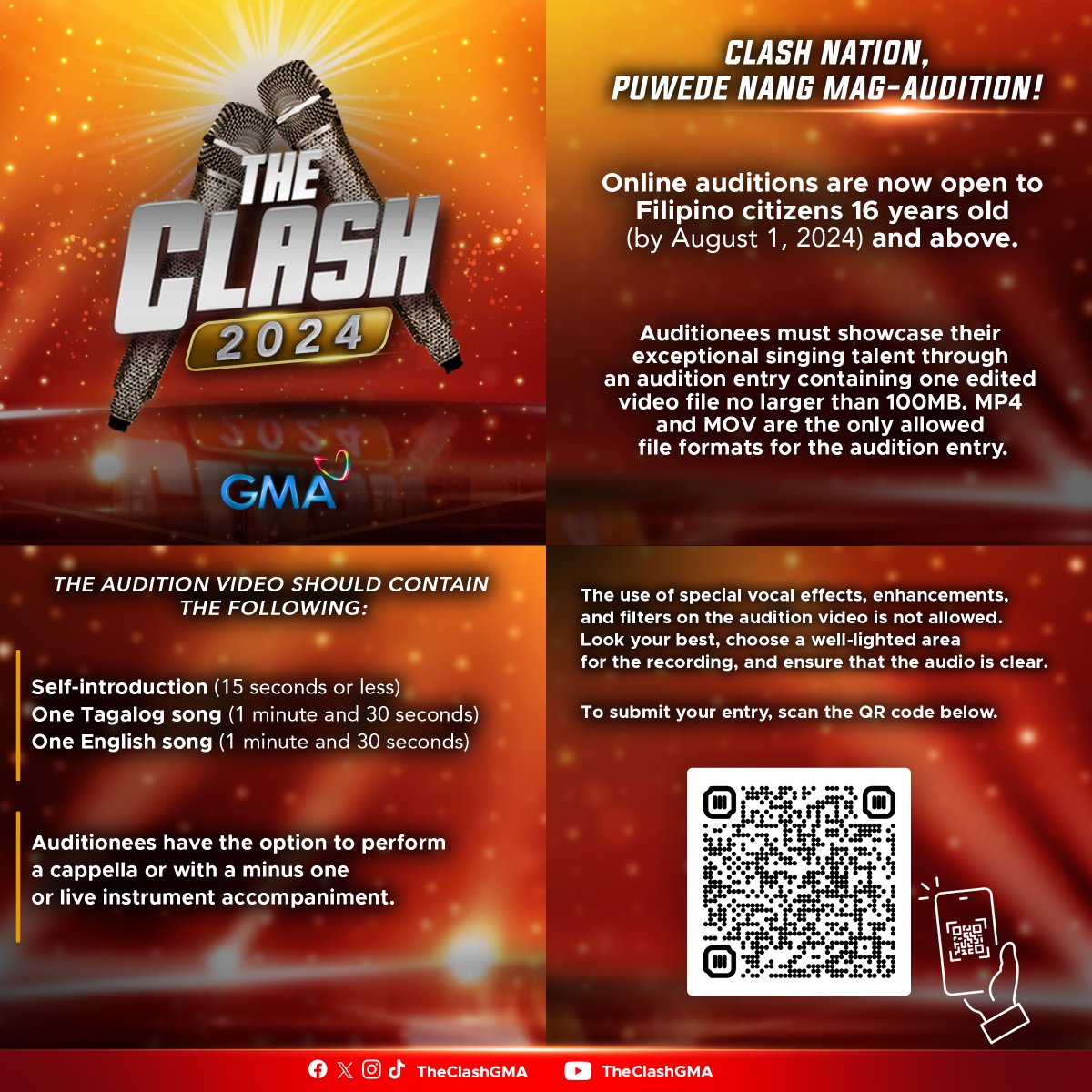 Auditions for #TheClash2024 are officially open! 🙌 Interested auditionees who are FILIPINO CITIZENS and are 16 years old and above may scan the QR code on the poster to audition! Follow us @TheClashGMA for more updates! Good luck and see you!