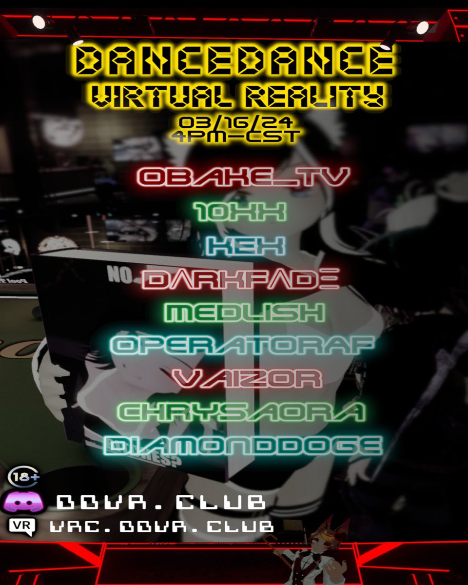 DDVR Saturday Night Fever funkin it up in #VRChat Starting at 4 PM CST - 1 hour sets Lineup: @ObakeTV @10xxmusic @Kex_VR @darkfade @medlish @Operator_A_FVR @vaizormusic @DjChrysaora Diamonddoge 🔥Discord: ddvr.club - VRCGroups: vrc.ddvr.club