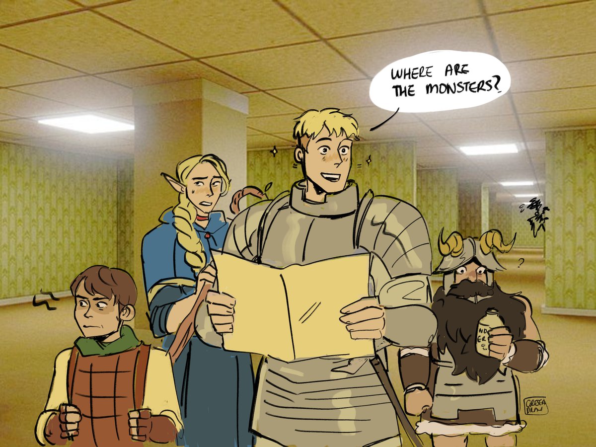 dungeon meshi but they end up in the backrooms, this was rotting in my head and i had to sketch it out because laios would somehow be thriving there