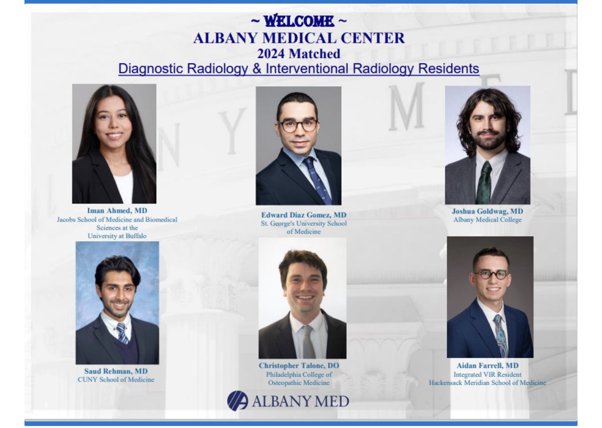 Warmest of welcomes and congratulations to our newly matched Albany Med DR and IR residents 👏🏻 👏🏻 @AlbanyIR #Match2024 #FutureRadRes