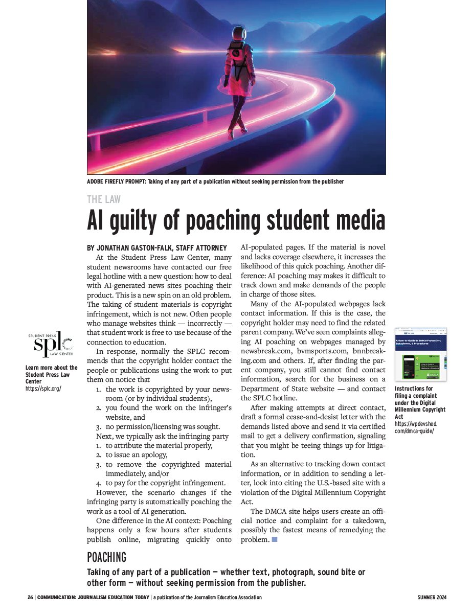 Now, schools have to watch out for AI tools poaching their stories writes Jonathan Gaston-Falk of @splc in the summer issue of JEA magazine. #ArtificialIntelligence