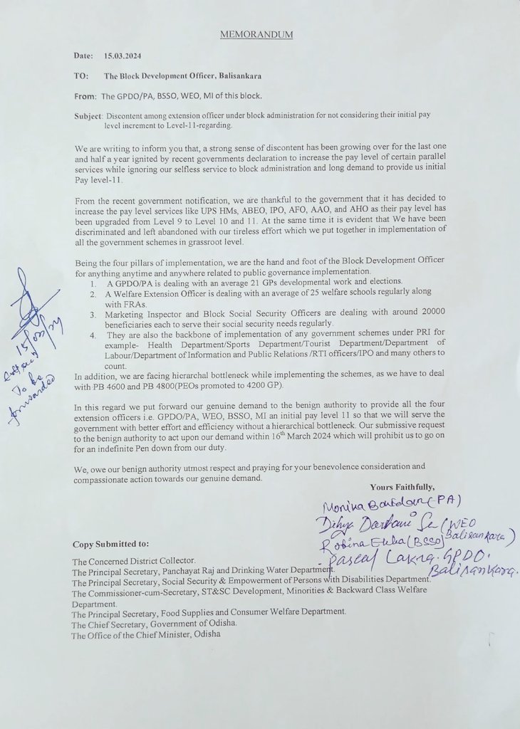aoeoassoc's tweet photo. EOs (GPDO,BSSO,WEO, INSP of supply) gave memorandum to Govt Through BDO,Balisankara for Upgrade the pay to level 11
@CMO_Odisha @Naveen_Odisha @gapg_dept @SecyChief @stscdev @FdOdisha @Food_Odisha @PRDeptOdisha @SSEPD2 @roopars @Vkpandianfancl1 @BPSethi @AtanuMLA @Ashokpandabbsr https://t.co/yo5j41PrnW