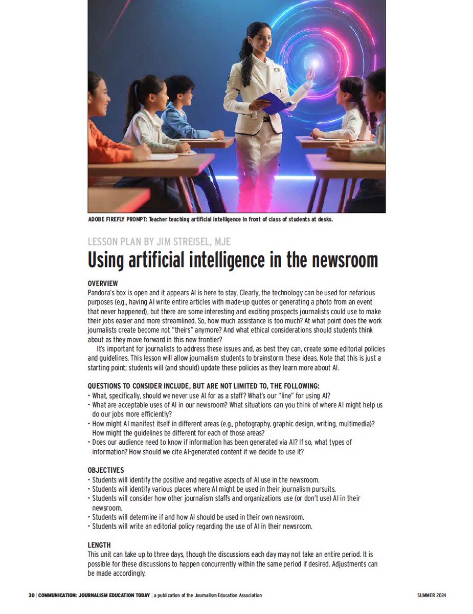Advancing with #ArtificialIntelligence means incorporating it into the curriculum and into policy writes @carmeljim in summer issue of JEA's magazine — Communication: Journalism Education Today. Members: Get it out of your mailbox now.