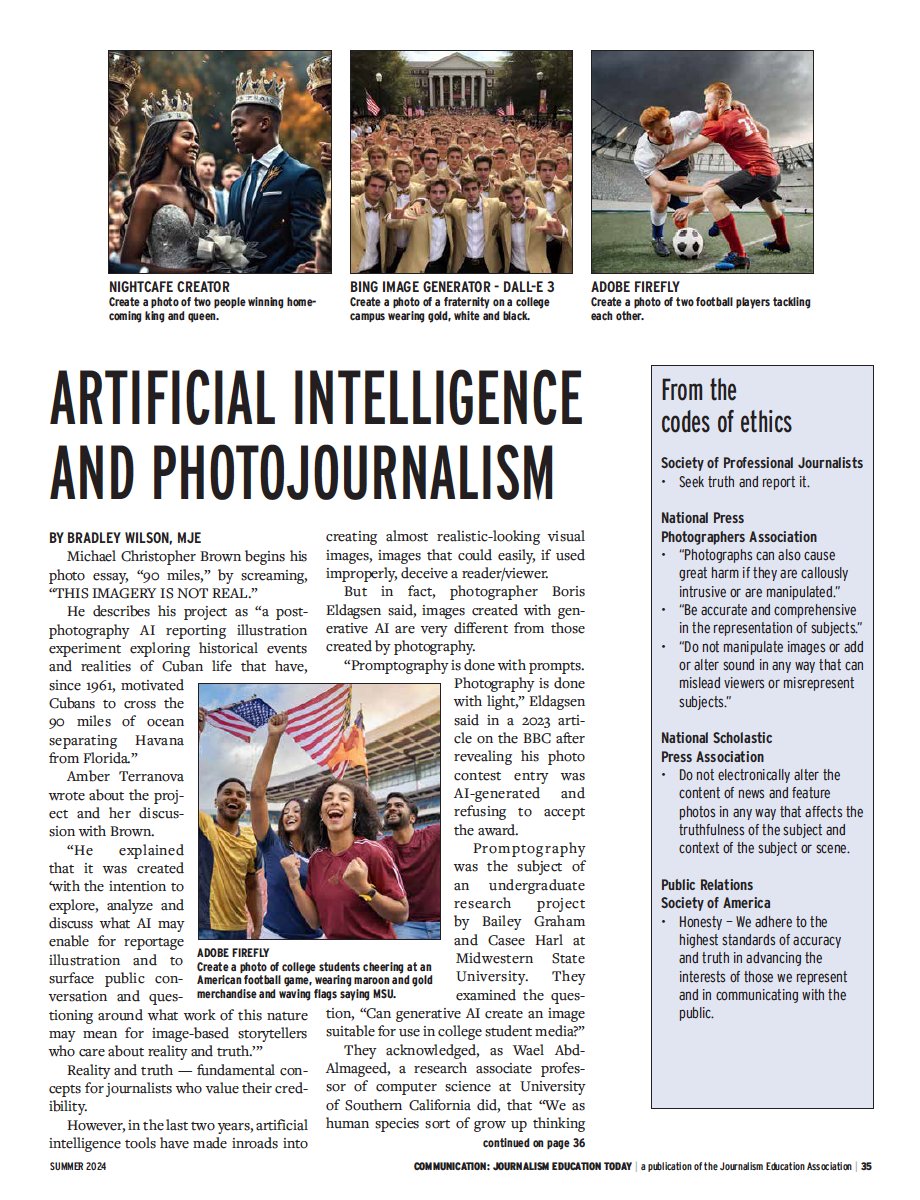 .#ArtificialIntelligence tools bring new challenges to photojournalism, both ethical and legal. Read more in the summer issue of JEA magazine in the mailboxes of members now. @NPPA @MWSU_UGR @MSUTexas