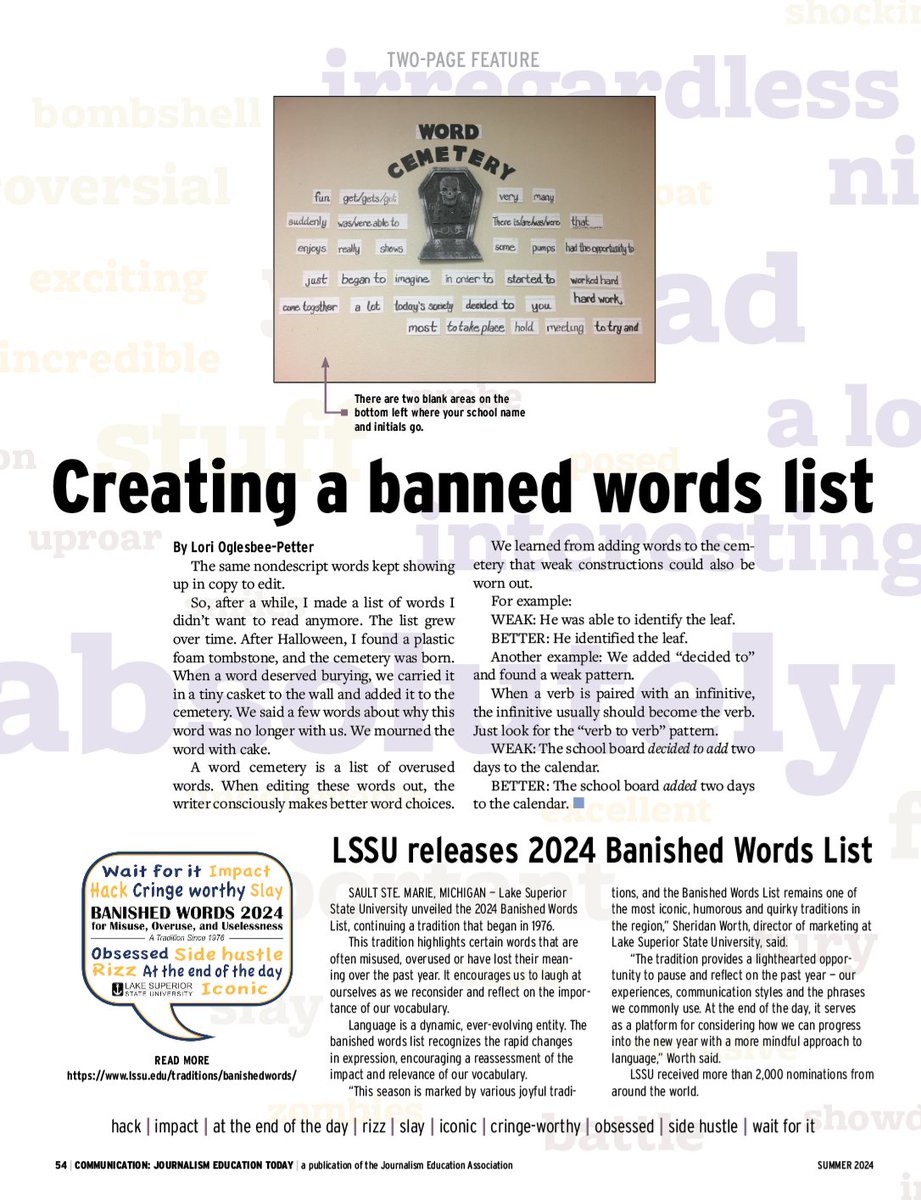 .@lorioglesbee advocates for creating a 'word cemetery' to remind students of words and phrases to avoid. Read more, including more on the @lifeatlssu Banished Words List, in the summer issue of JEA's magazine — NOW.