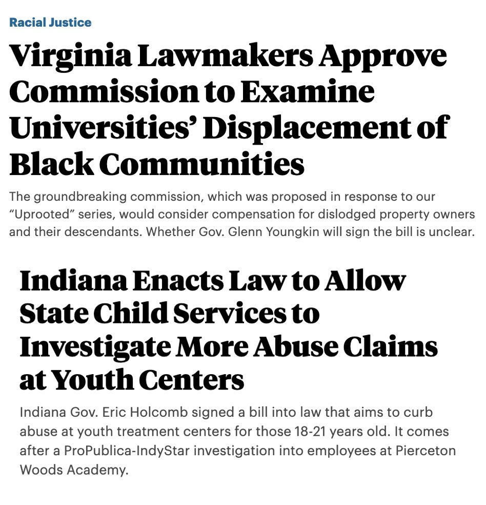 The homepage at @propublica is really something right now. Four stories posted in the last two days show the impact from reporting by ProPublica and its partners on the environment, labor, racial justice and the treatment of youth.